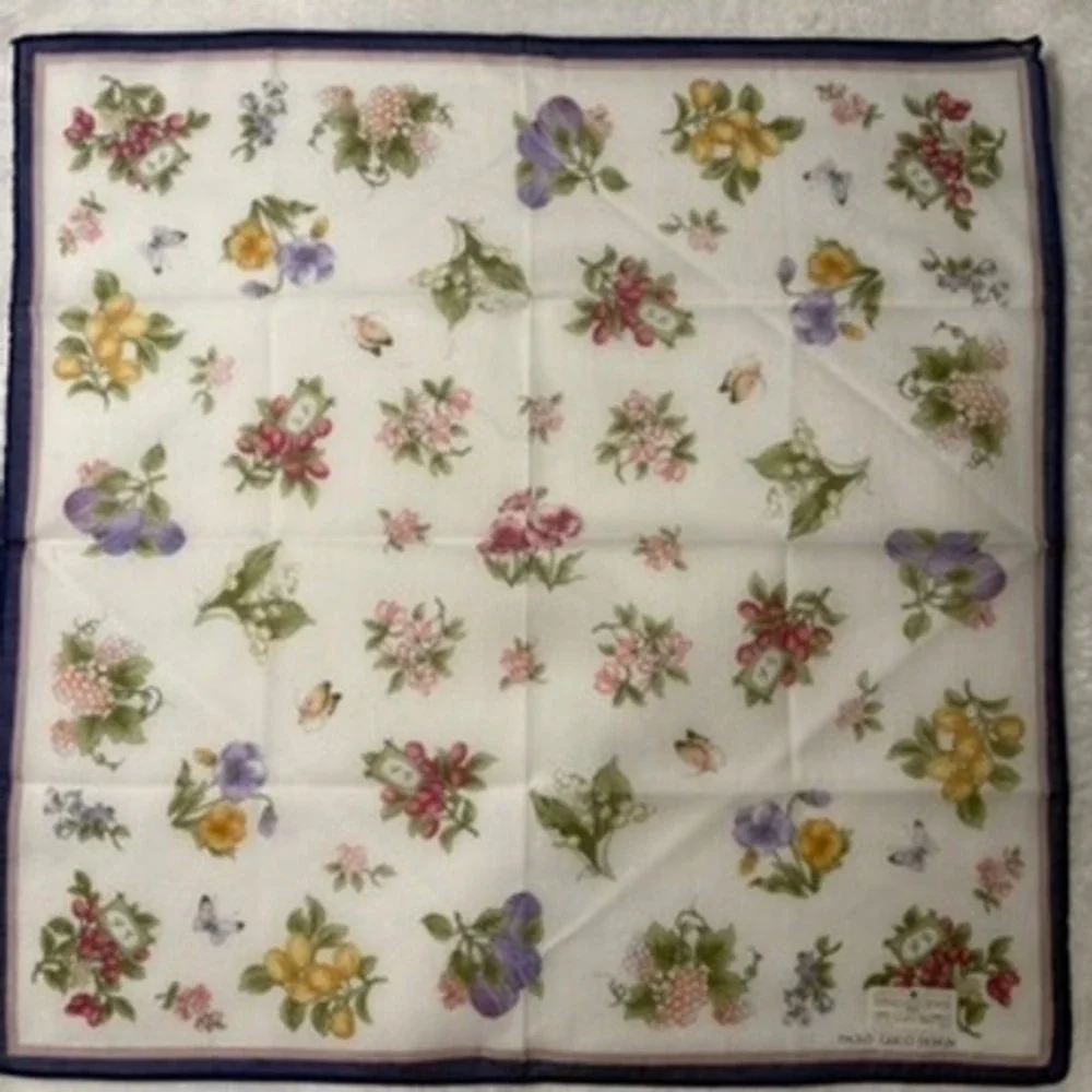 Vtg PAOLO GUCCI DESIGN Scarf Handkerchief Floral Cotton White Navy 16.5